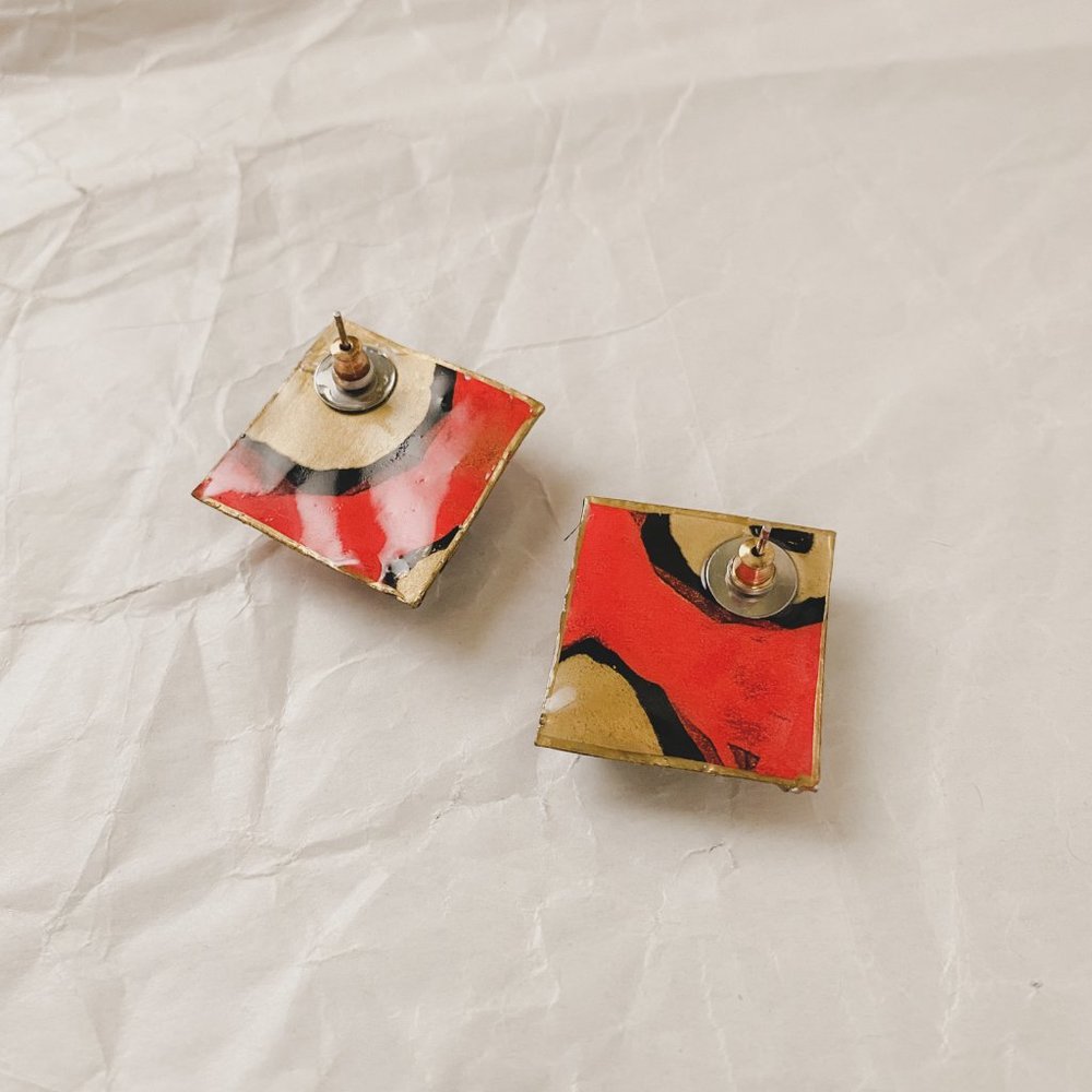 Vintage Orange Blue Gold Funky Abstract Mod Diamond Plastic Statement Earrings - Picture 8 of 10